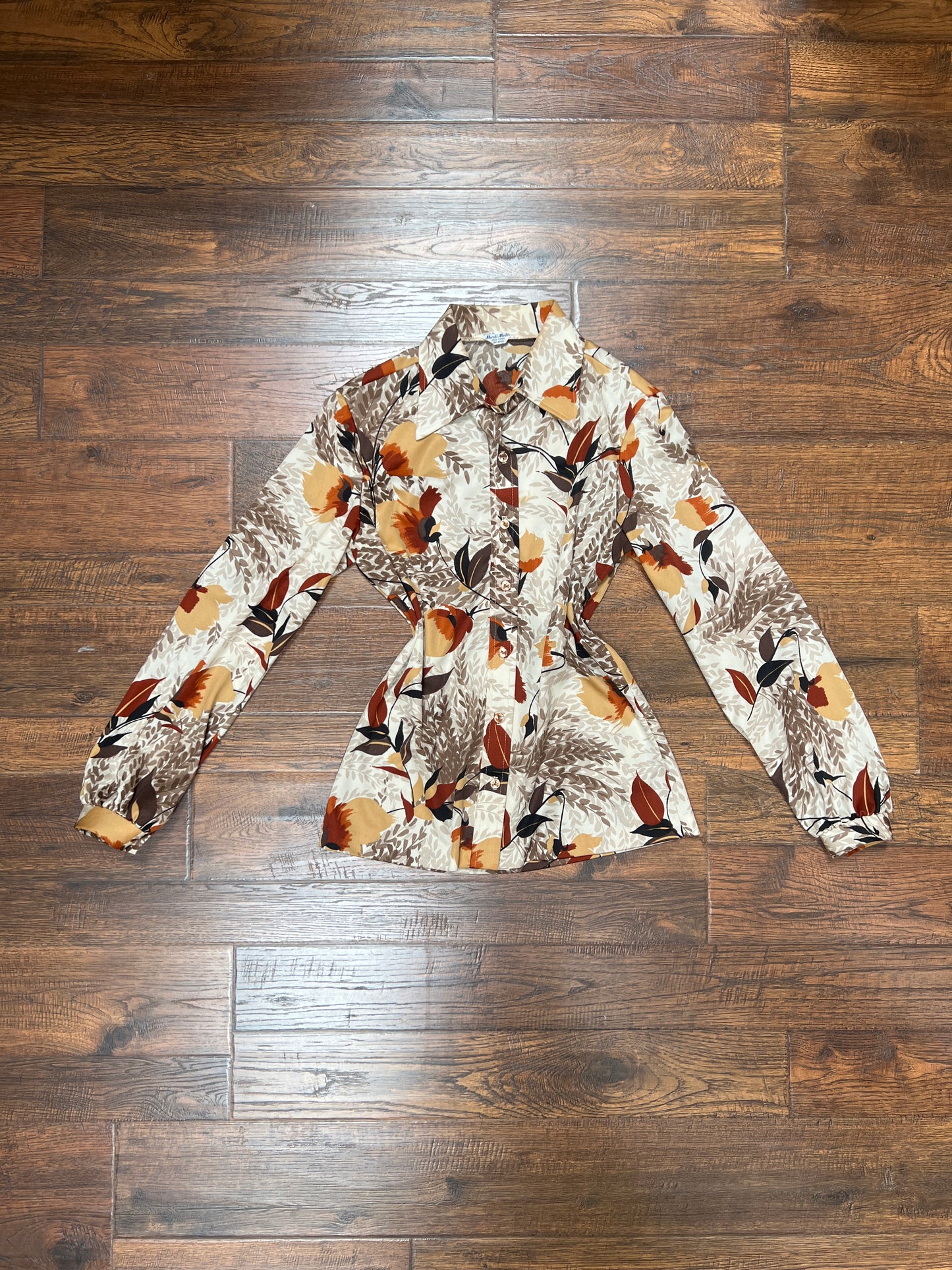 Vintage Clothing - 1970s Polyester Shirt - Autumn Flowers - Mardi Modes New York - Small