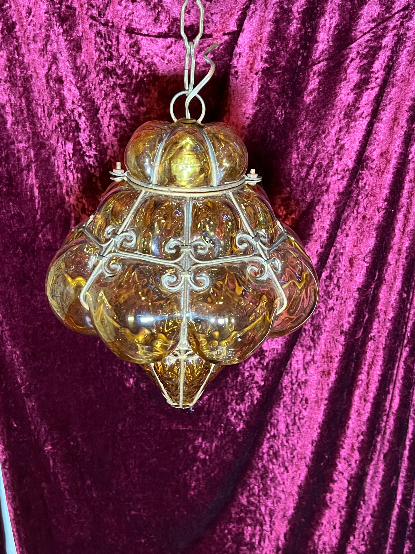 Vintage Lamp - Pendant Light - Hand Blown Caged Amber Glass - Seguso Murano