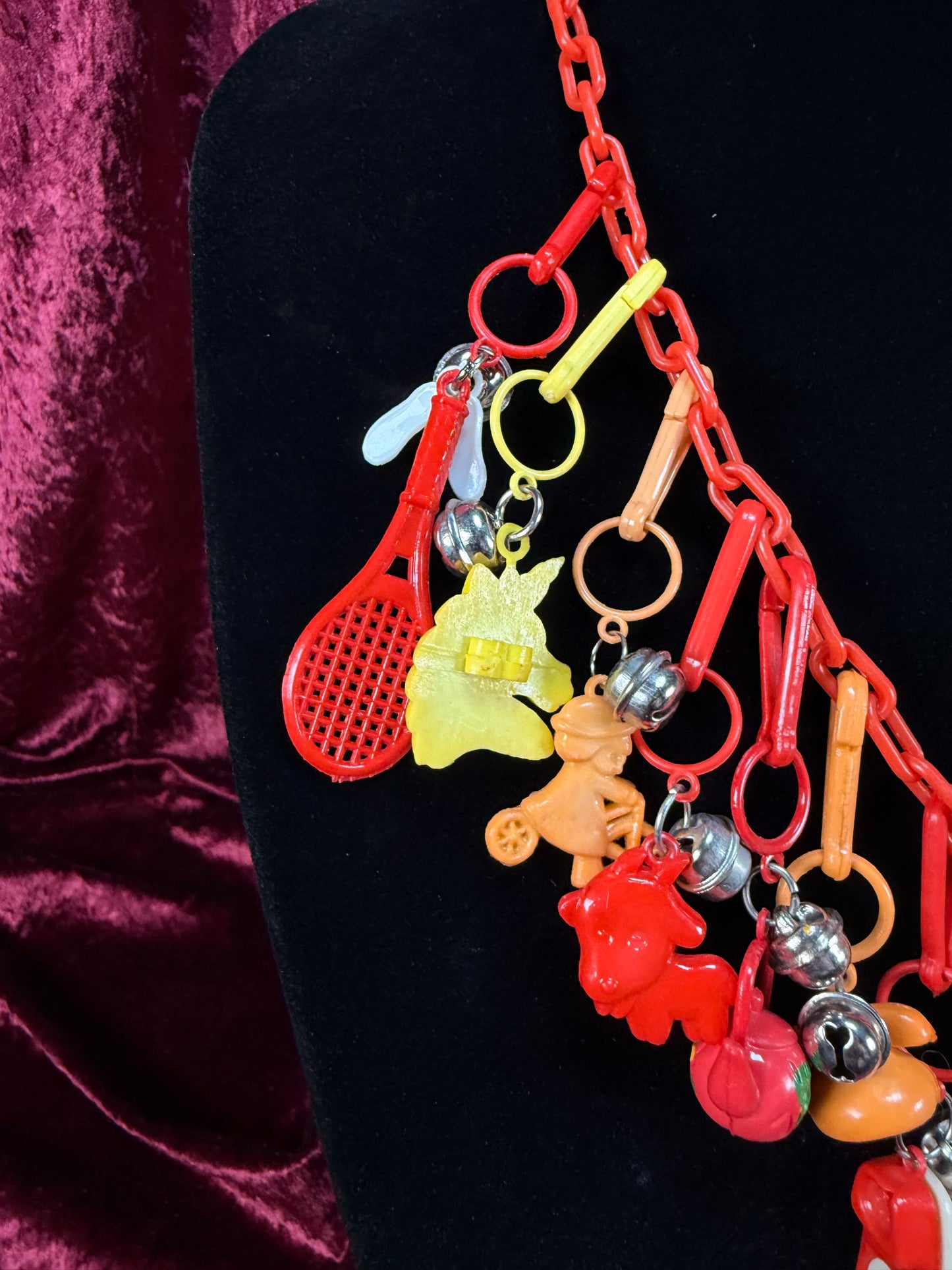 Vintage 1980s Plastic Chain Charm Necklace - 17 Bell Charms - Red Orange Yellow