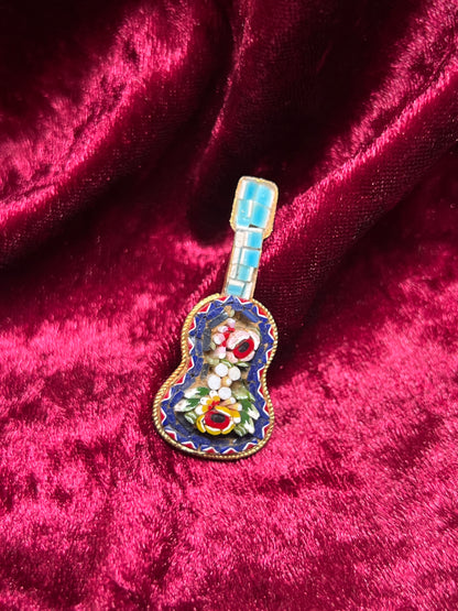 Vintage Jewelry - Brooch - Italian Micro Mosaic - Floral Guitar - Cobalt Blue - Made In Italy