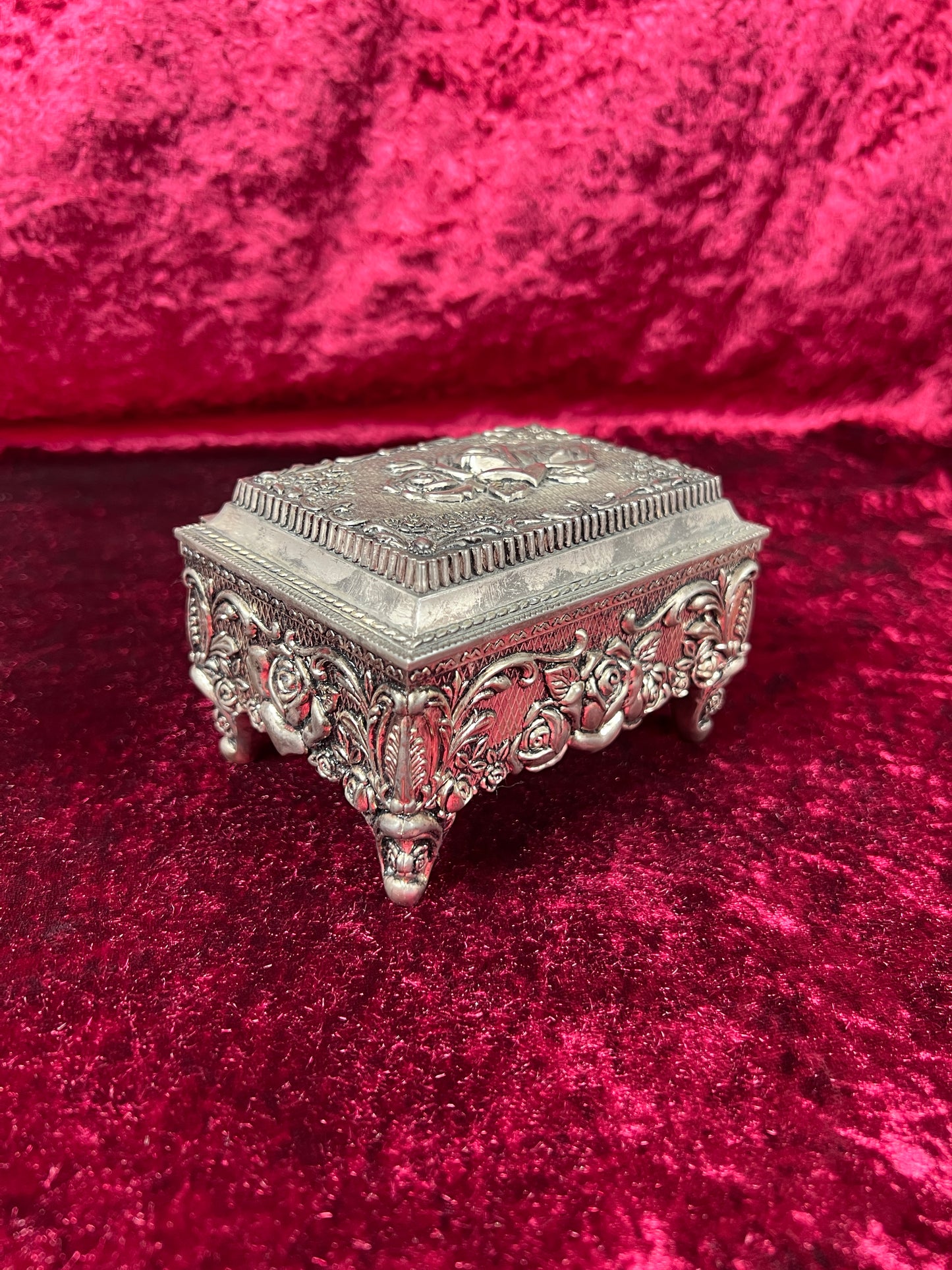 Vintage Vanity - Jewelry Box - Ornate Silver Rose Filigree - Black Velvet Lining - Footed