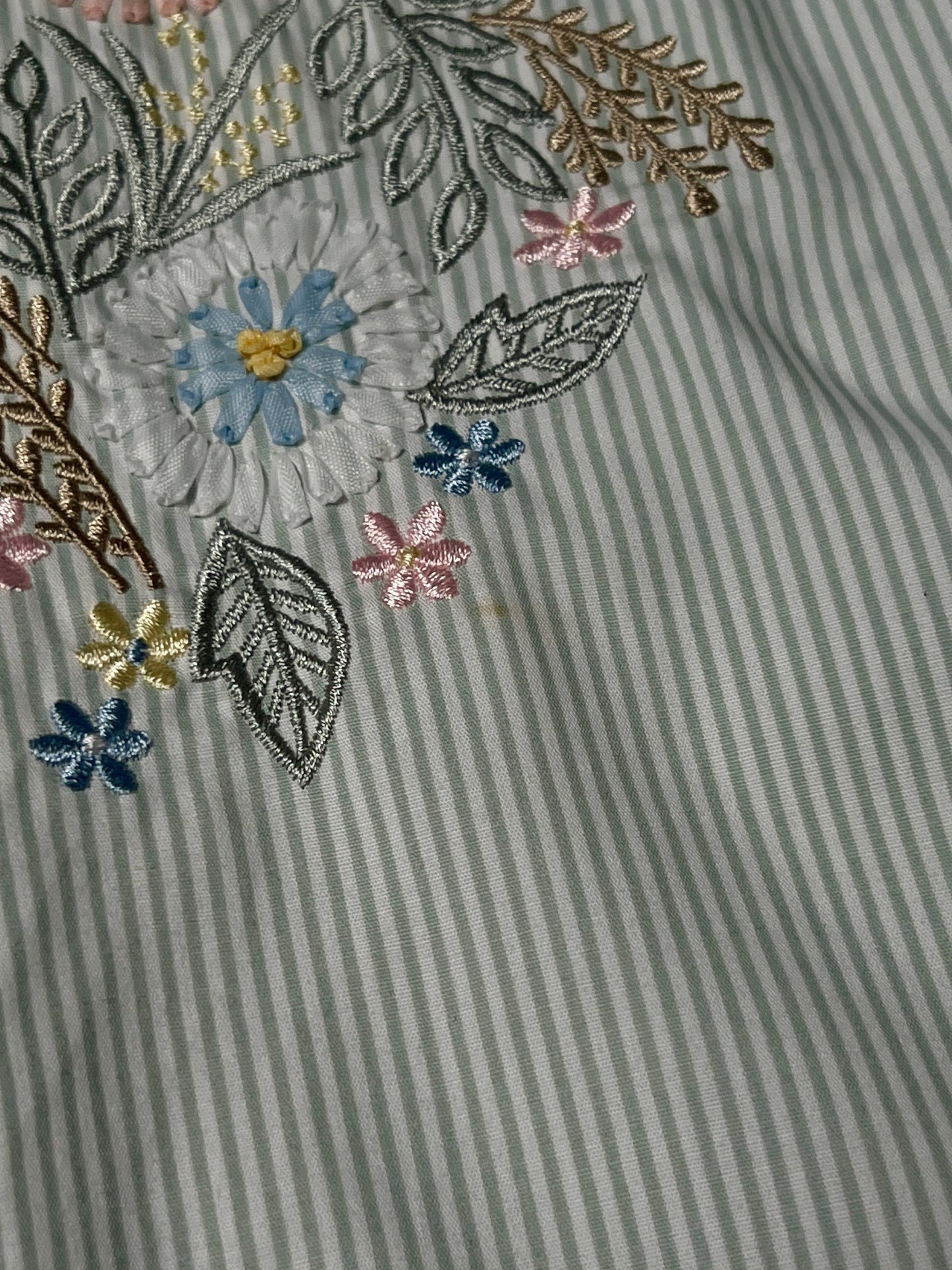 Vintage Koret Francisca Cotton Blend Blouse – Green Pinstripe Floral Embroidery – Medium