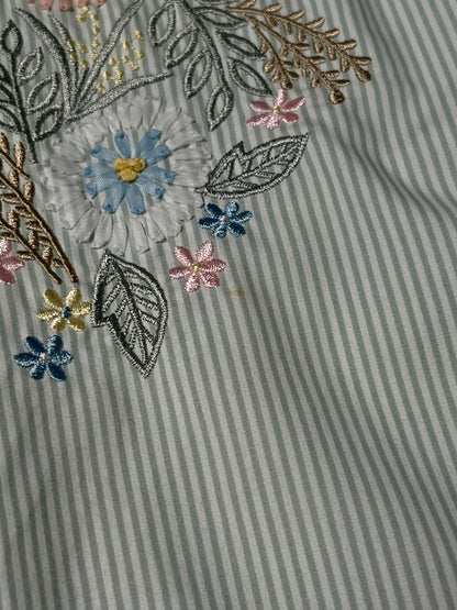 Vintage Koret Francisca Cotton Blend Blouse – Green Pinstripe Floral Embroidery – Medium