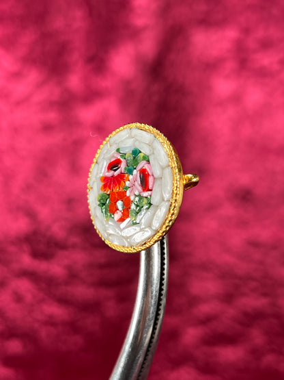 Vintage Jewelry - Brooch - Italian Millefiori Micro Mosaic - Circle - Red Flowers in White