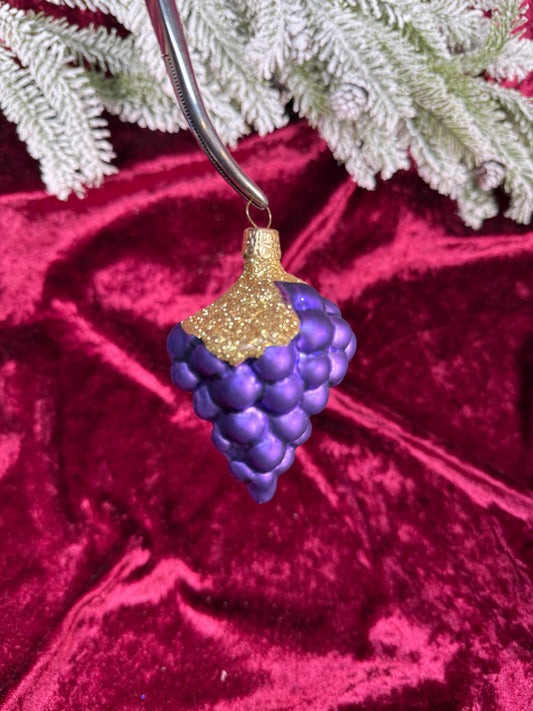 Vintage Christmas - Handblown Glass Ornament - Purple Grape Cluster with Gold Glitter
