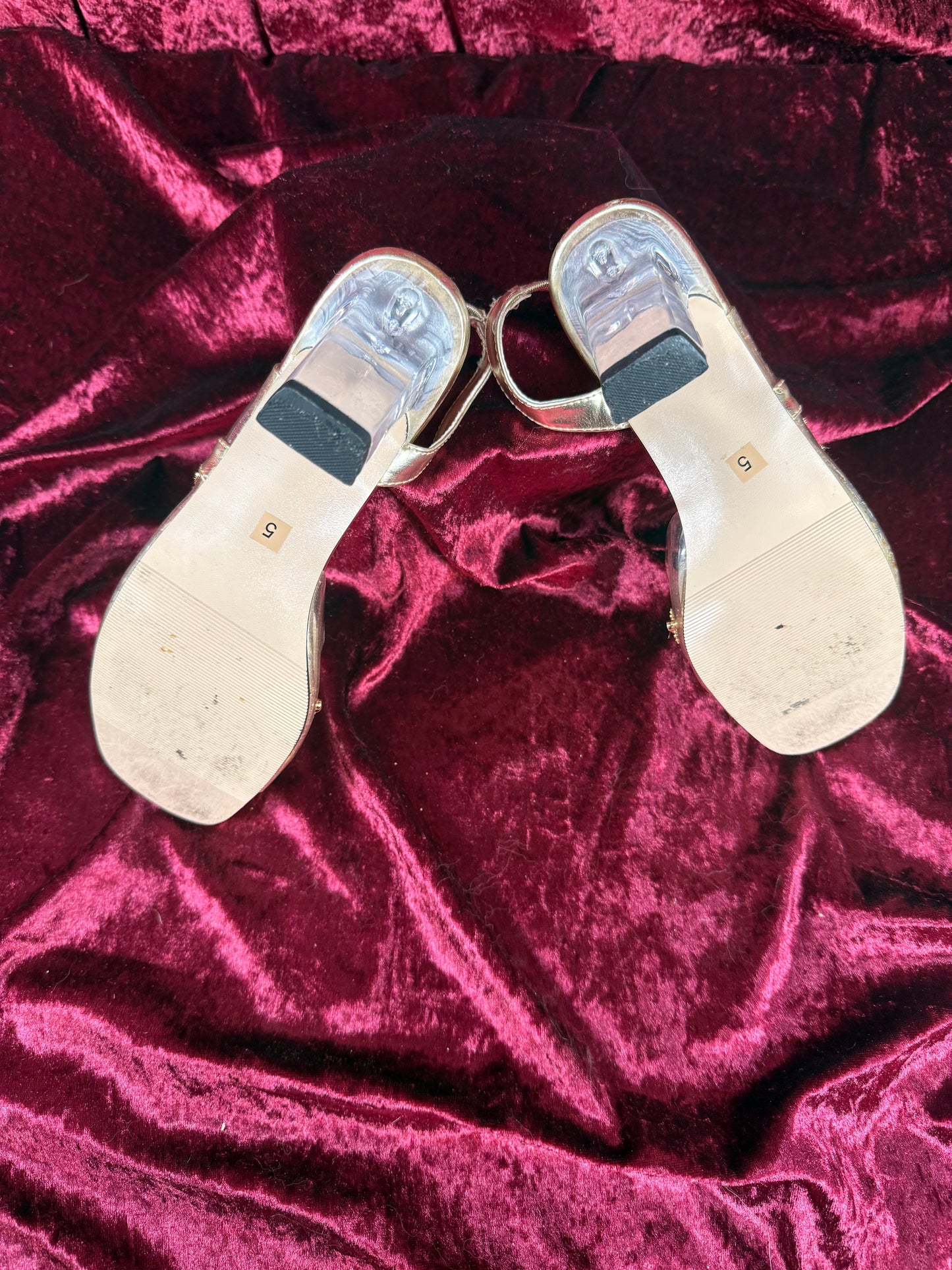Vintage Shoes - Peep Toe Sling Backs with Lucite Heels and Gold Embellishments - Size 5