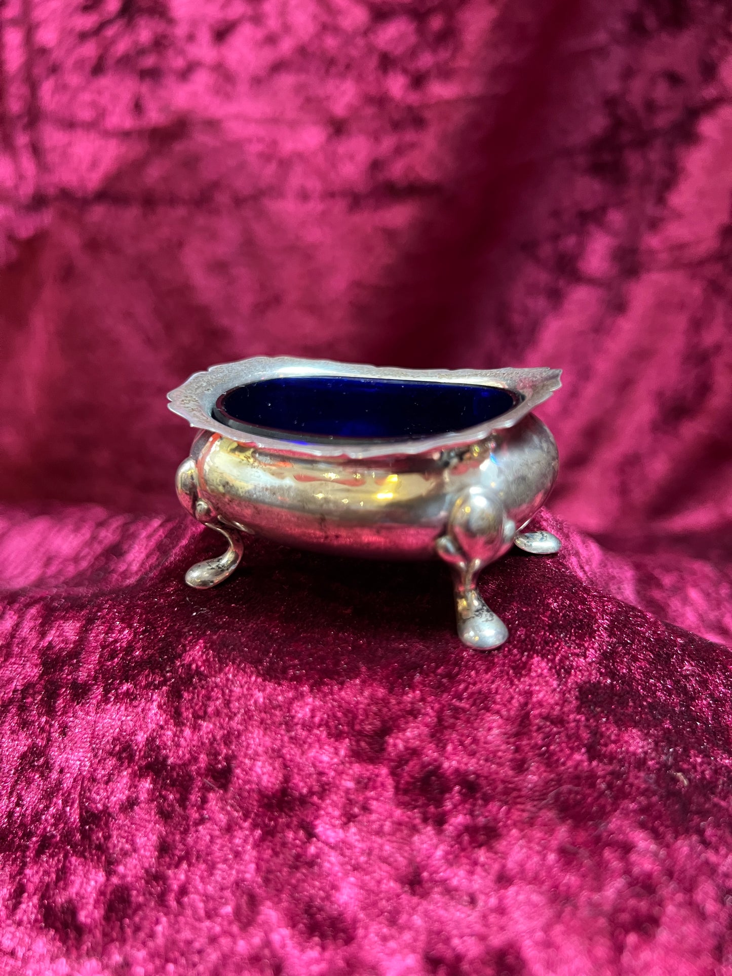 Vintage Kitchen - Footed Salt Cellar with Cobalt Blue Glass Insert - Sterling Silver - Hardy Bros - England