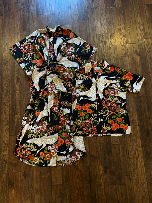 Vintage Aloha Honeymoon Shirt & Caftan Set - 1960s Hawaiian Palm and Sand Pebble - Size Medium