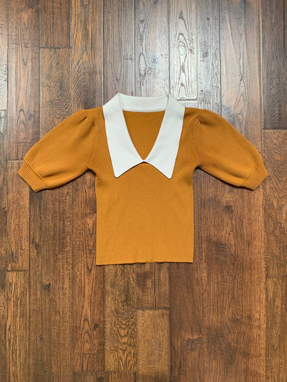 Vintage Style Clothing - Collared Knit Crop Top - Mustard Yellow - Roselili - Small