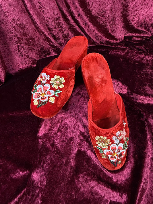 Vintage Shoes - 1950s Red Velvet Wedge Slippers - Sequined Floral Bouquet - Size 6.5 / 7