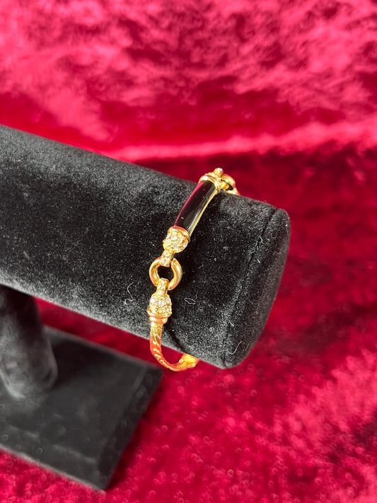Vintage Jewelry - Bracelet - Gold Tone - Black Enamel Center with Clear Rhinestones - 7.75"