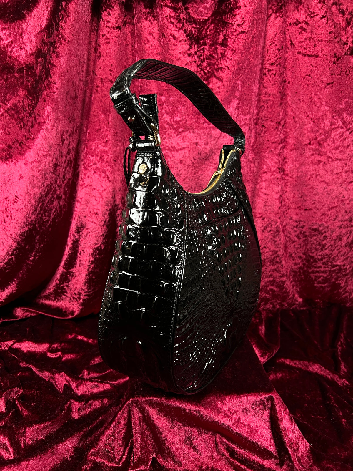 Vintage Brahmin Black Melbourne Leather Hobo Bag - Croc Embossed Shoulder Purse