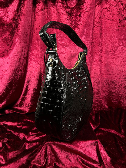Vintage Brahmin Black Melbourne Leather Hobo Bag - Croc Embossed Shoulder Purse