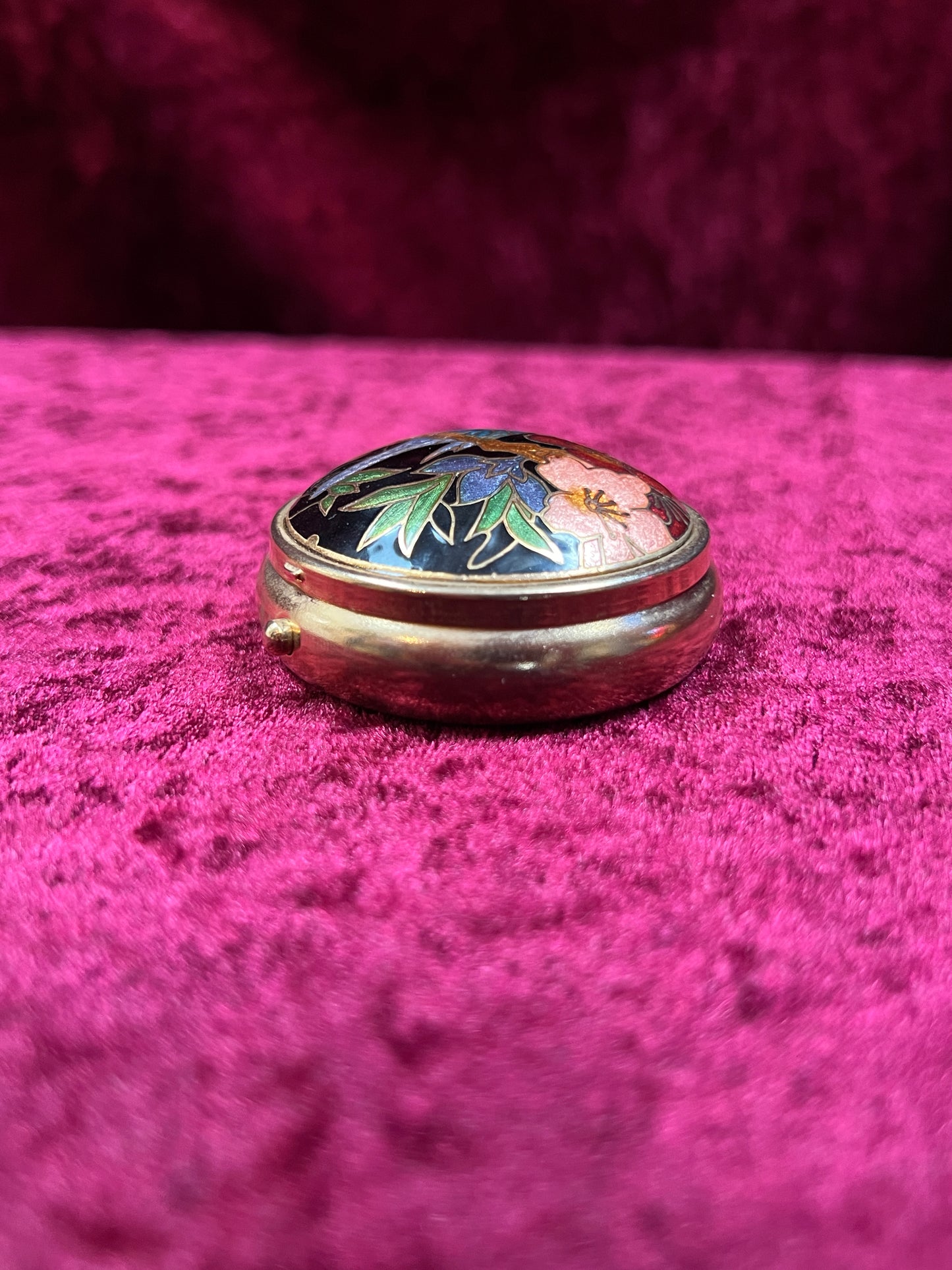 Vintage Vanity - 3-Compartment Pill Box - Cloisonné Lid - Blue Bird In a Flowering Tree