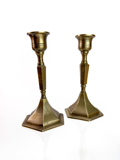 Vintage Brass Candlesticks - Etched Floral Design - Pair of Two