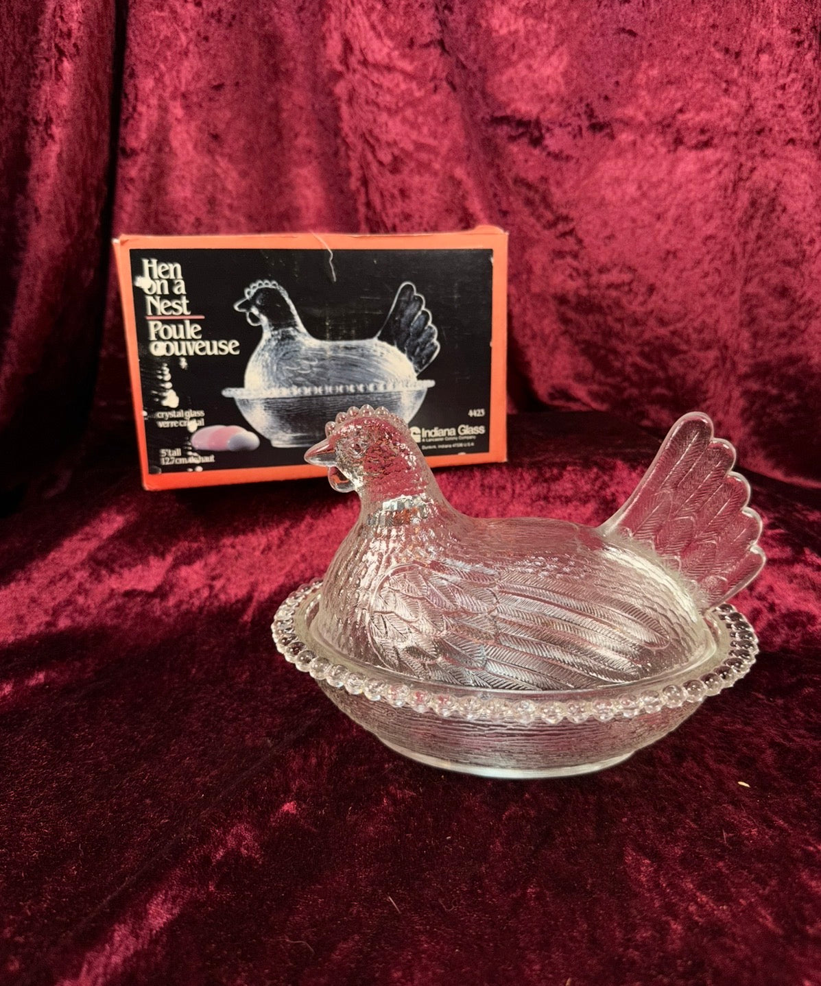 Vintage Crystal Glass Hen on Nest Dish – Beaded Rim Covered Candy Bowl with Original Box