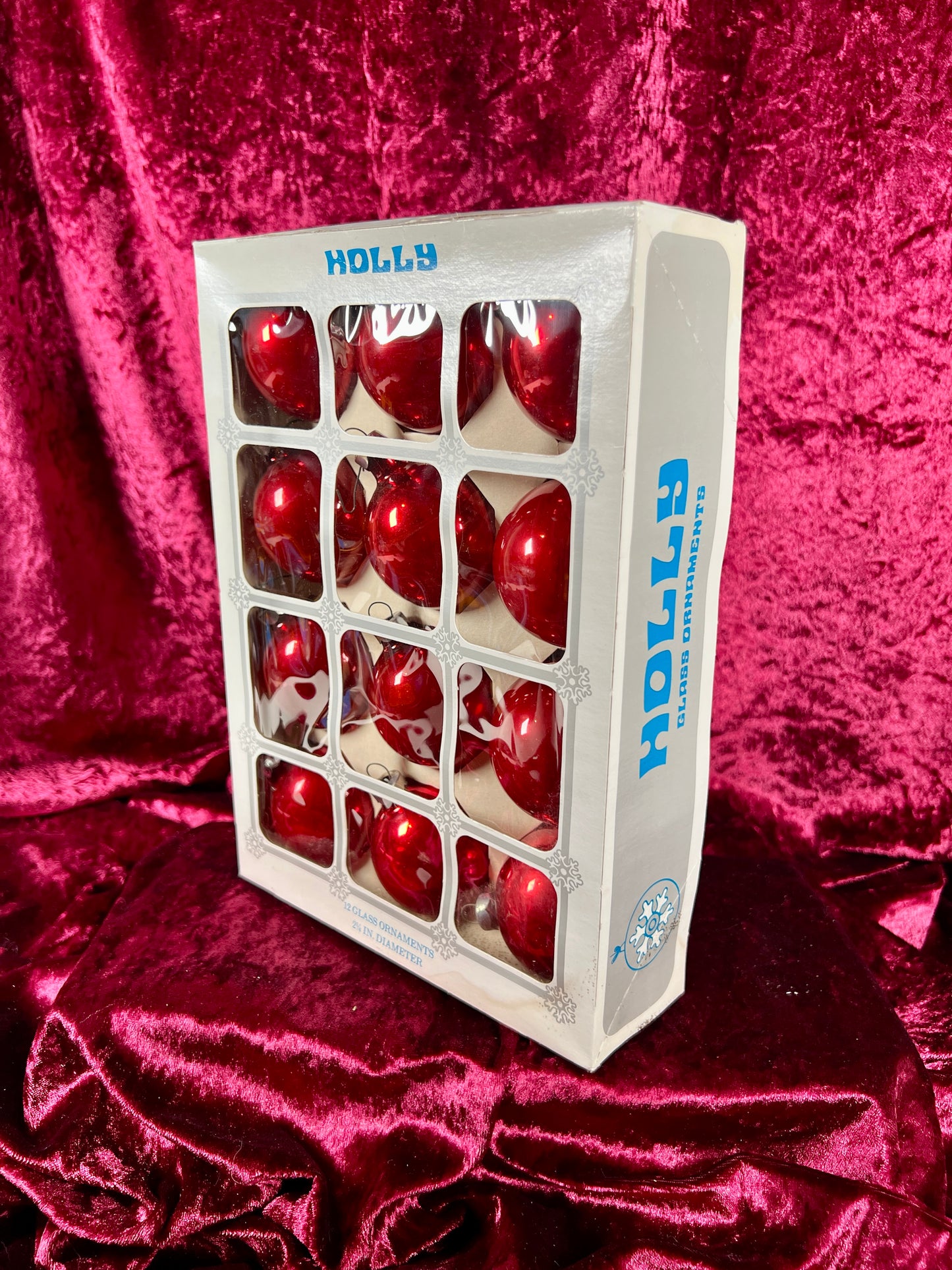 Vintage Christmas - Glass Ornament Set of 12 - Solid Red - Holly - Made In USA