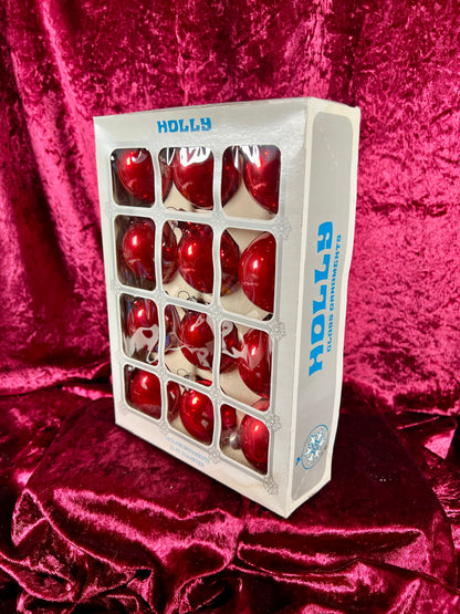 Vintage Christmas - Glass Ornament Set of 12 - Solid Red - Holly - Made In USA