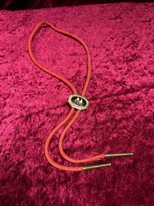 Vintage Metal Bolo Tie - Tandem Bicycle Couple Black Enamel Slide Red Cord