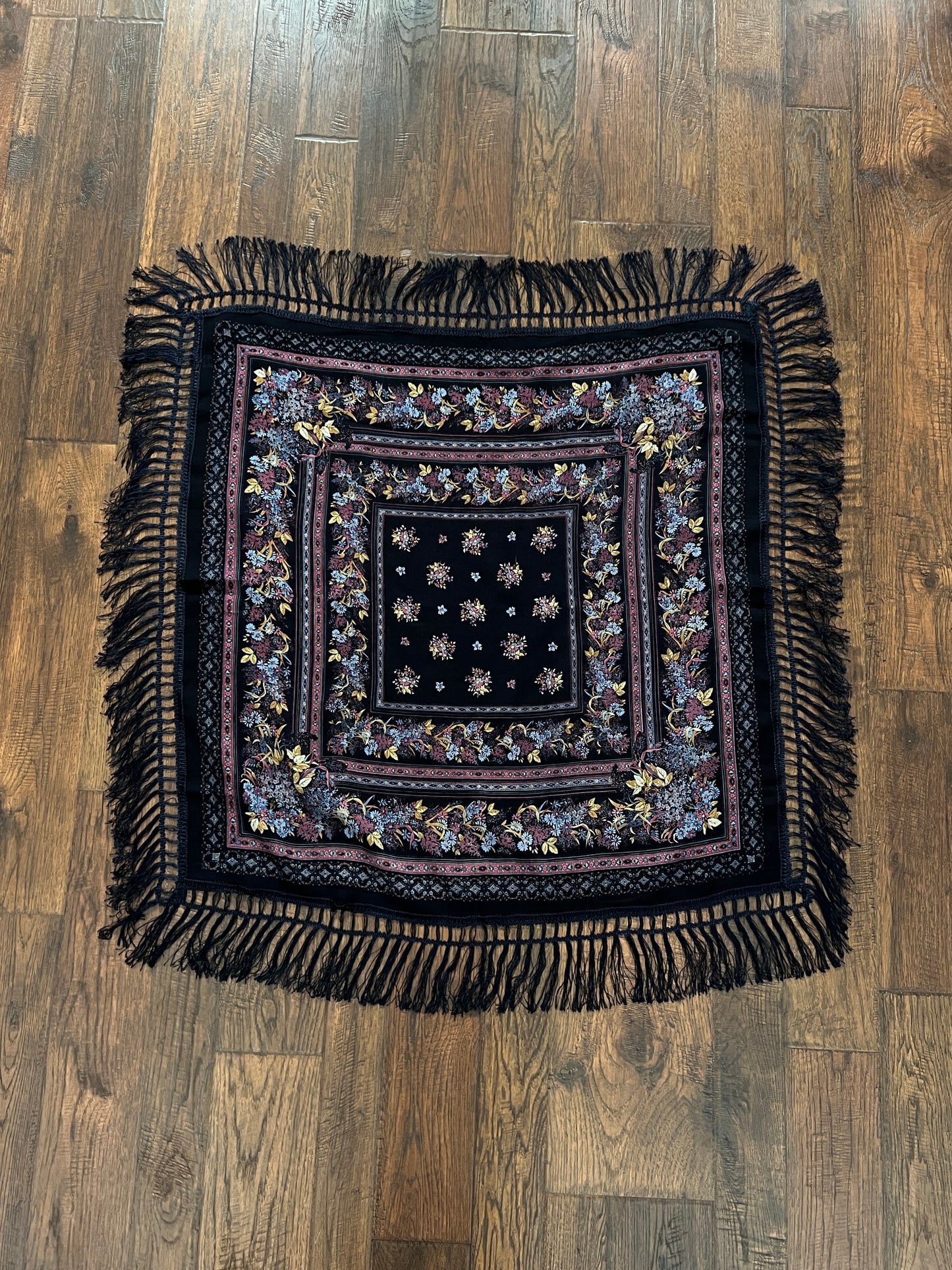 Vintage Kashmir Woole Floral Fringe Scarf - Dark Blue Square Wrap Bohemian Style