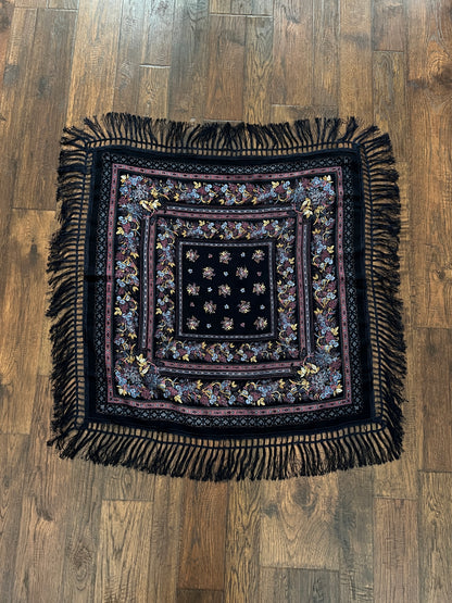 Vintage Kashmir Woole Floral Fringe Scarf - Dark Blue Square Wrap Bohemian Style