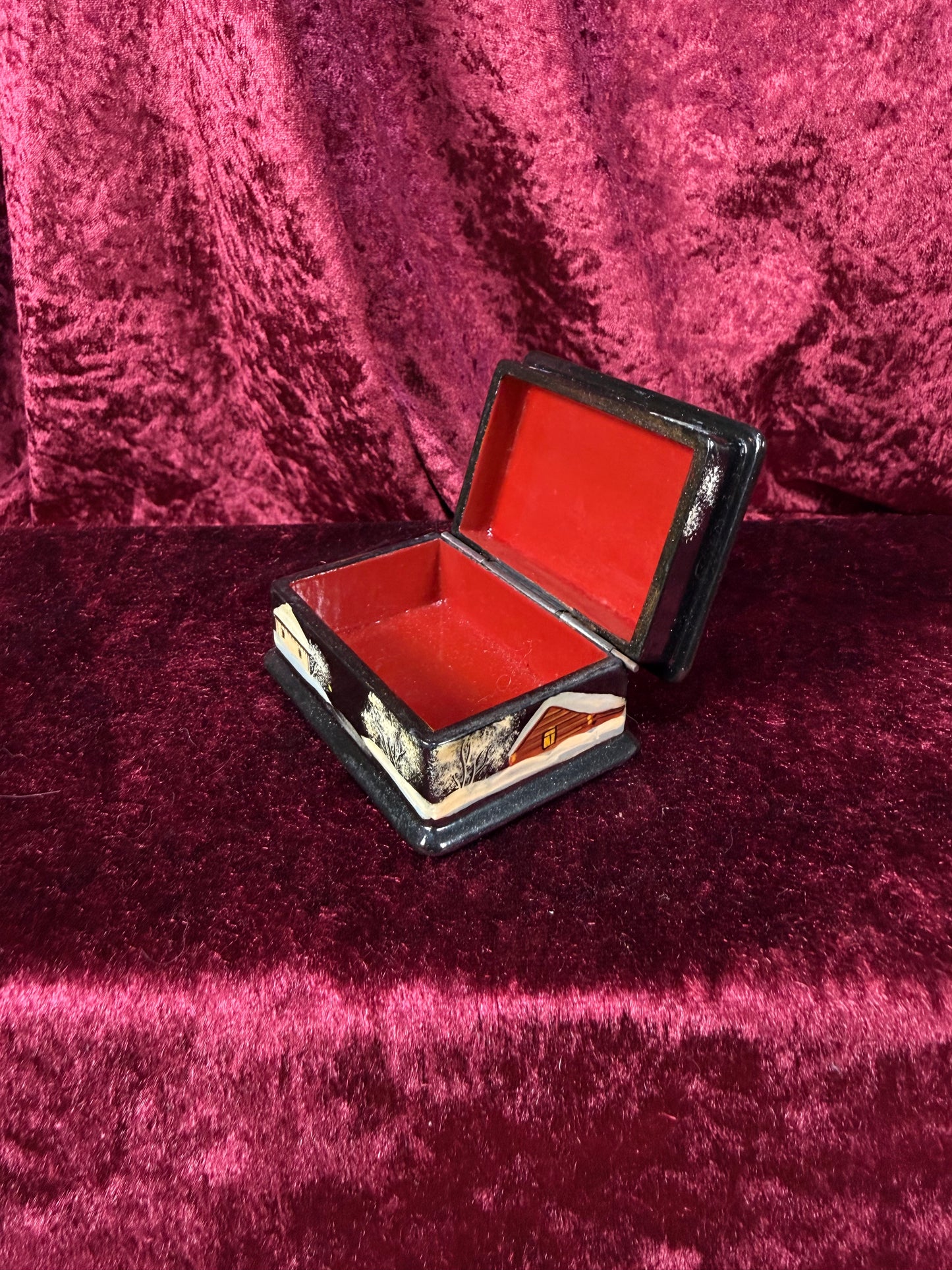 Vintage Lacquer Trinket Box with Hinged Lid – Hand Painted Snowy Russian Church Scene