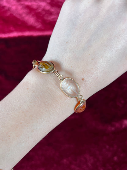 Vintage Jewelry - Bracelet - Gold Tone - Multicolor Carved Scarab Beetles - Krementz - 7"