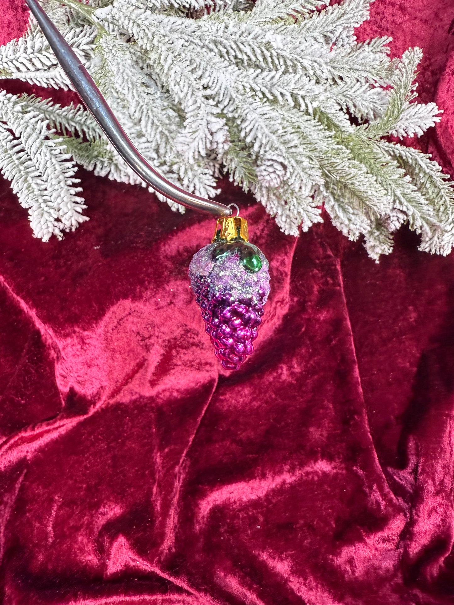 Vintage Christmas - Handblown Glass Ornament - Purple Grape Cluster with Glitter