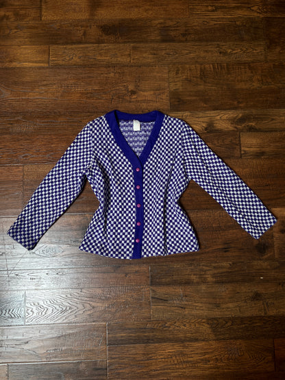 Vintage Acrylic Cardigan - Purple White Checkered Knit Button Front Sweater - Small