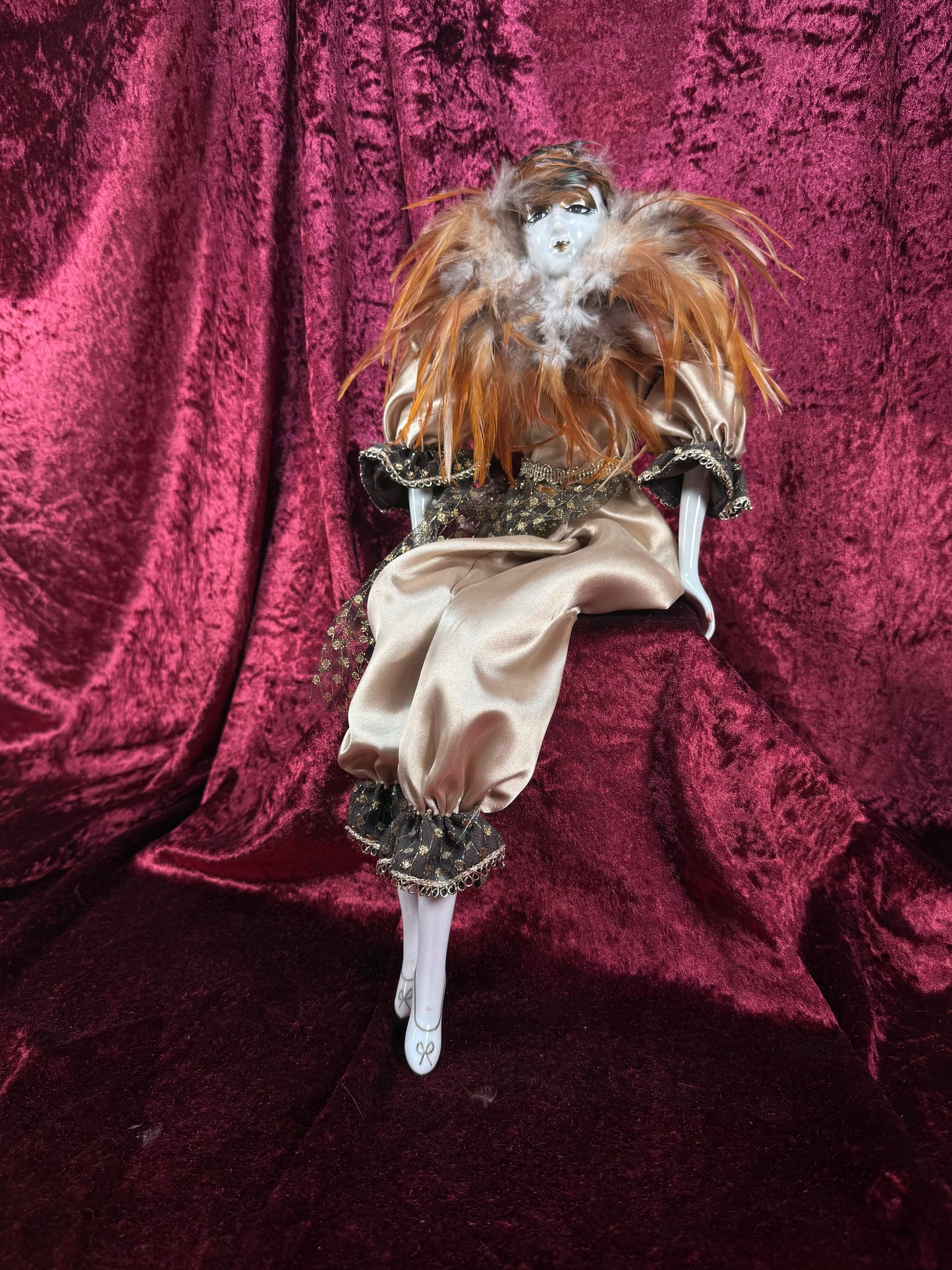 Vintage Porcelain Pierrot Doll – Feathered Collar Seated Harlequin Figure