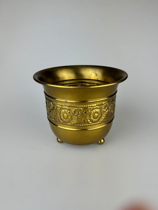 Vintage Footed Brass Cachepot with Floral Daisy Repoussé Decoration