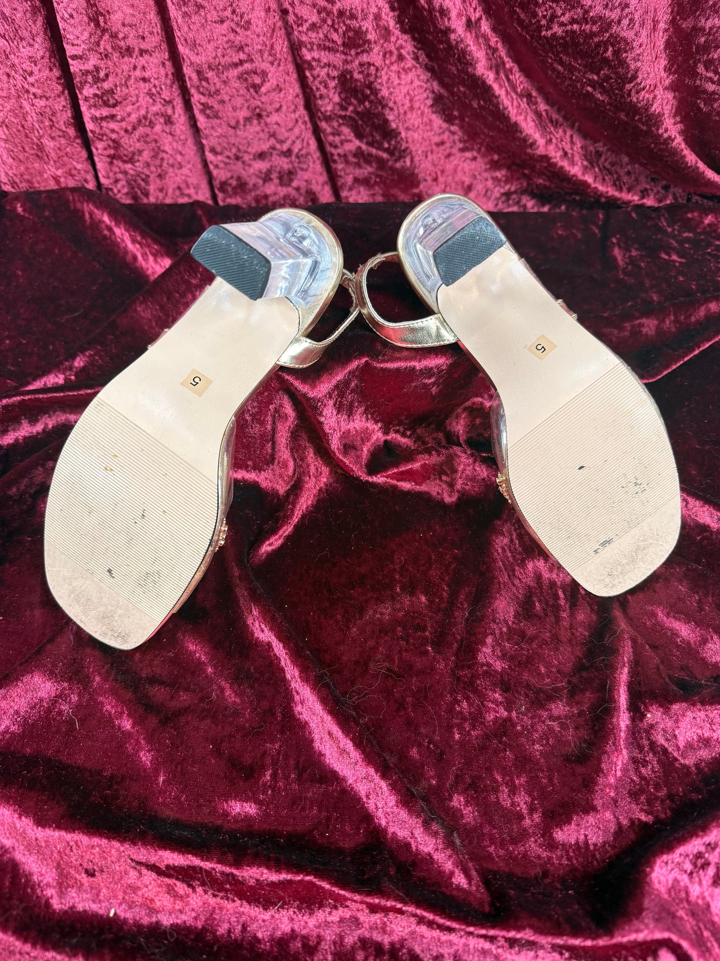 Vintage Shoes - Peep Toe Sling Backs with Lucite Heels and Gold Embellishments - Size 5
