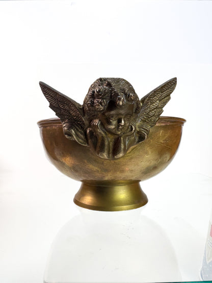 Vintage Copper & Brass Double Angel Pedestal Bowl