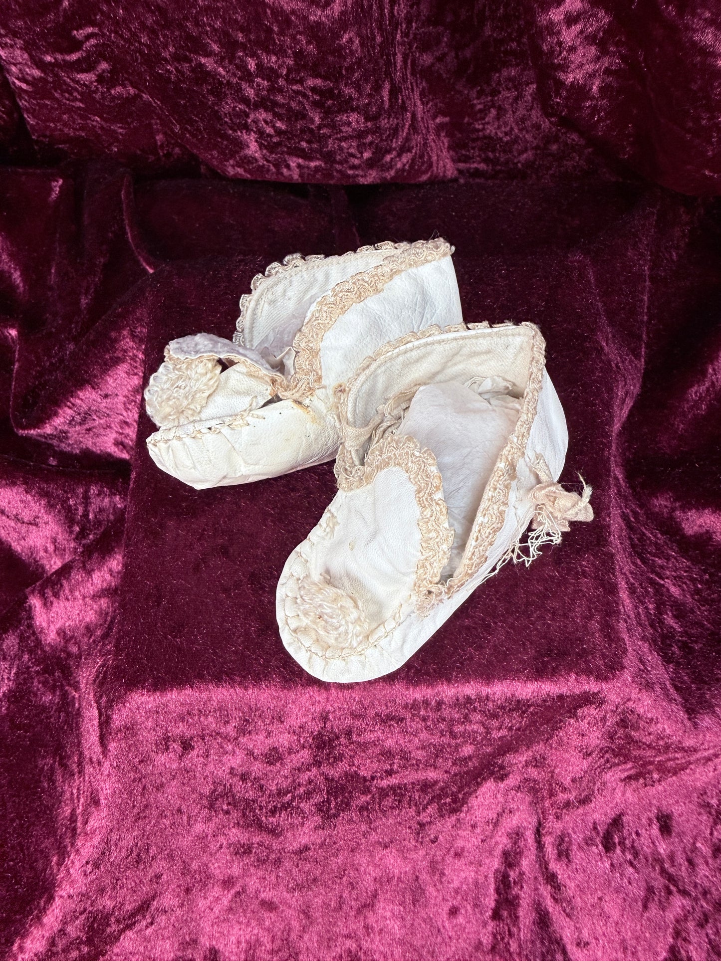 Antique Leather Baby Shoes – Handcrafted Lace Trim Christening Booties