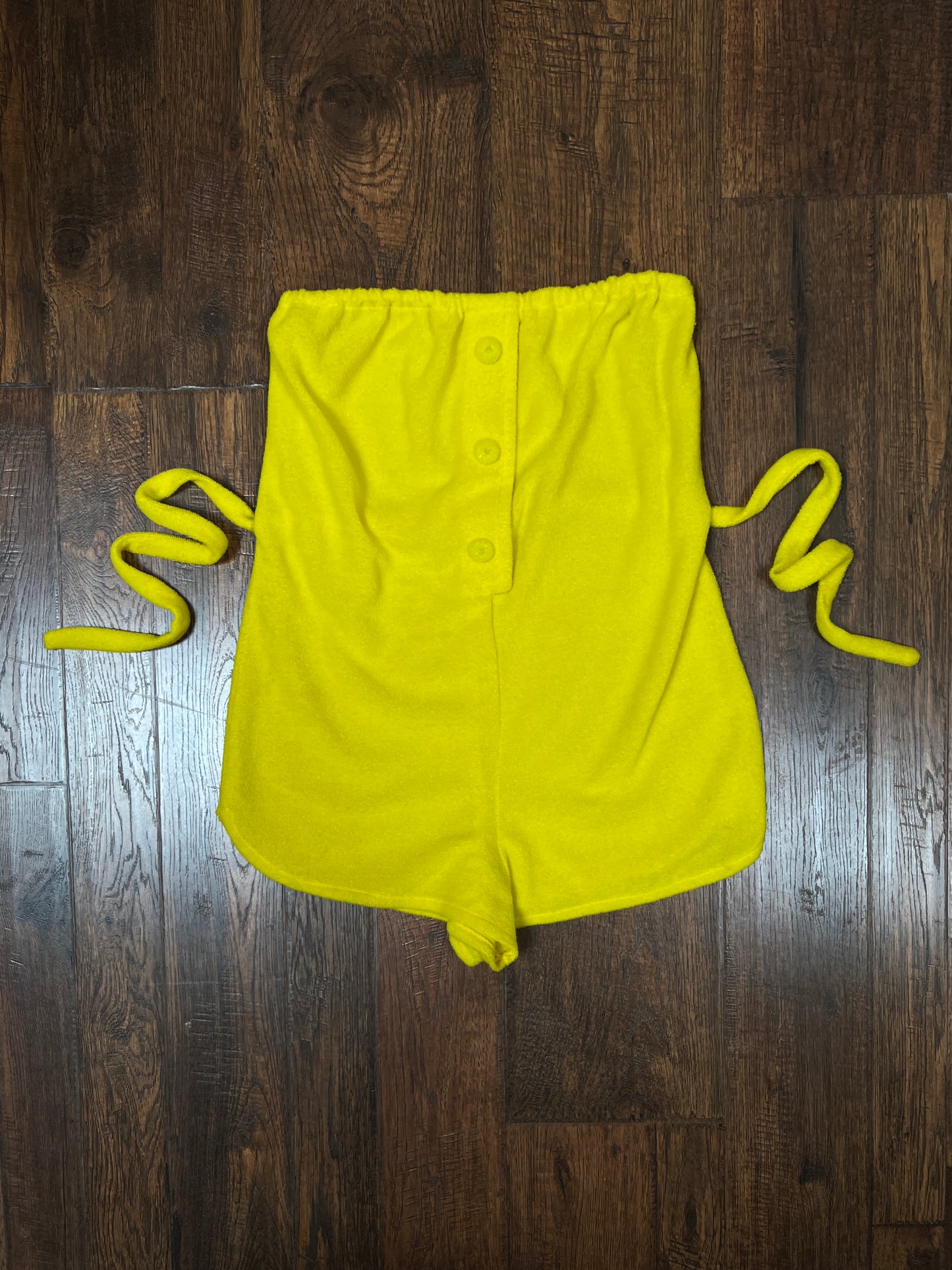 Vintage 1970s Yellow Terrycloth Playsuit - Strapless Belted Bathing Suit Cover-Up - Small