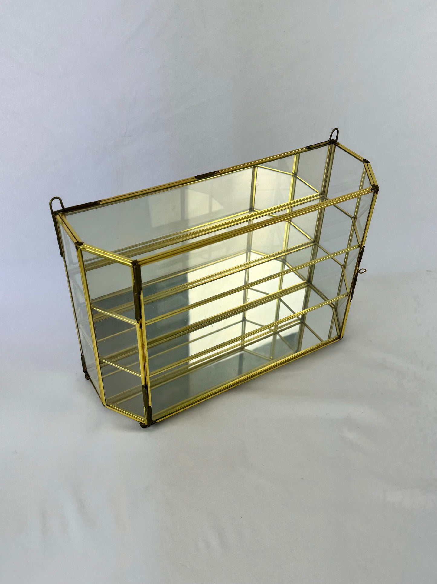 Vintage Brass & Glass Mirrored 3-Shelf Wall Hanging Curio Cabinet