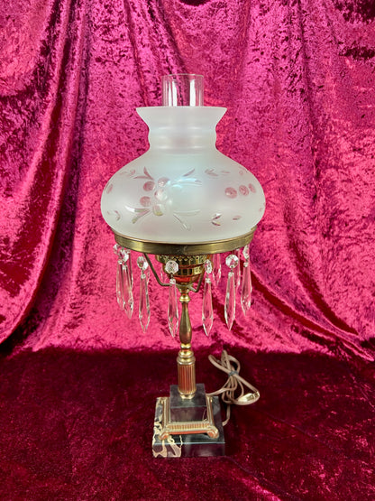Antique Marble and Brass Sinumbra Style Hurricane Lamp – Frosted Glass Shade with Crystal Prisms