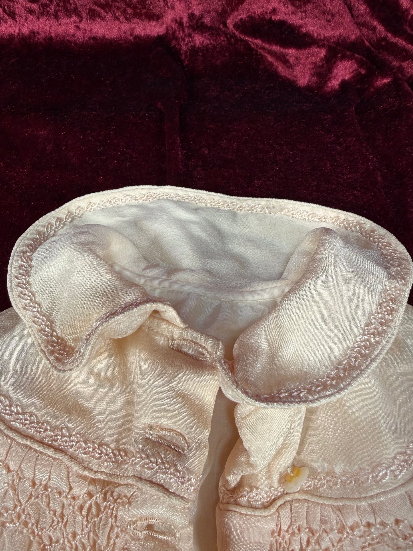 Vintage Pink Silk Baby Capelet – Hand Smocked Nursery Heirloom
