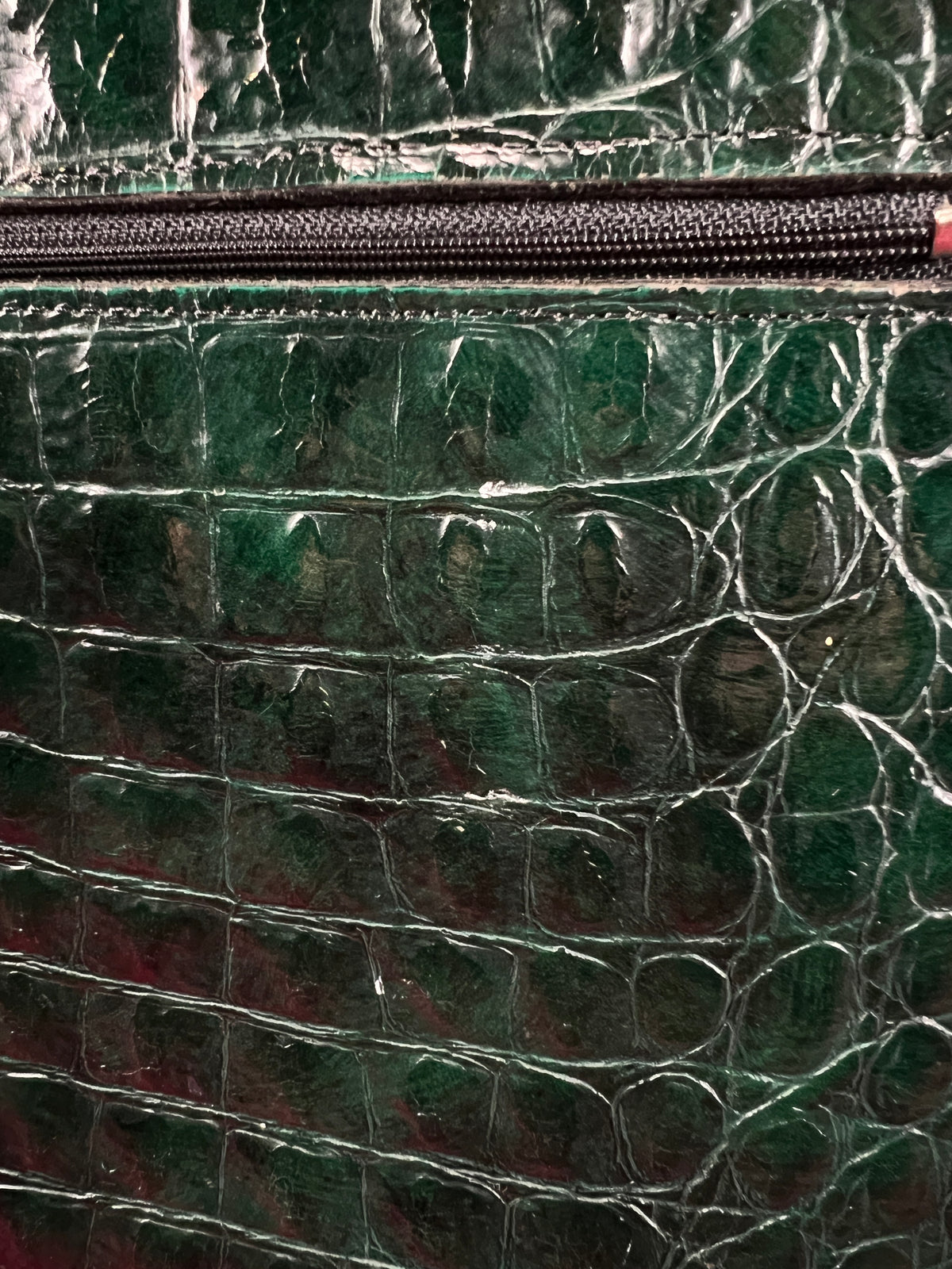 Vintage Emerald Green Leather Crossbody Bag - Croc Embossed Top Handle Purse
