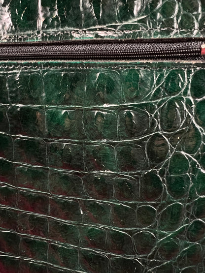 Vintage Emerald Green Leather Crossbody Bag - Croc Embossed Top Handle Purse