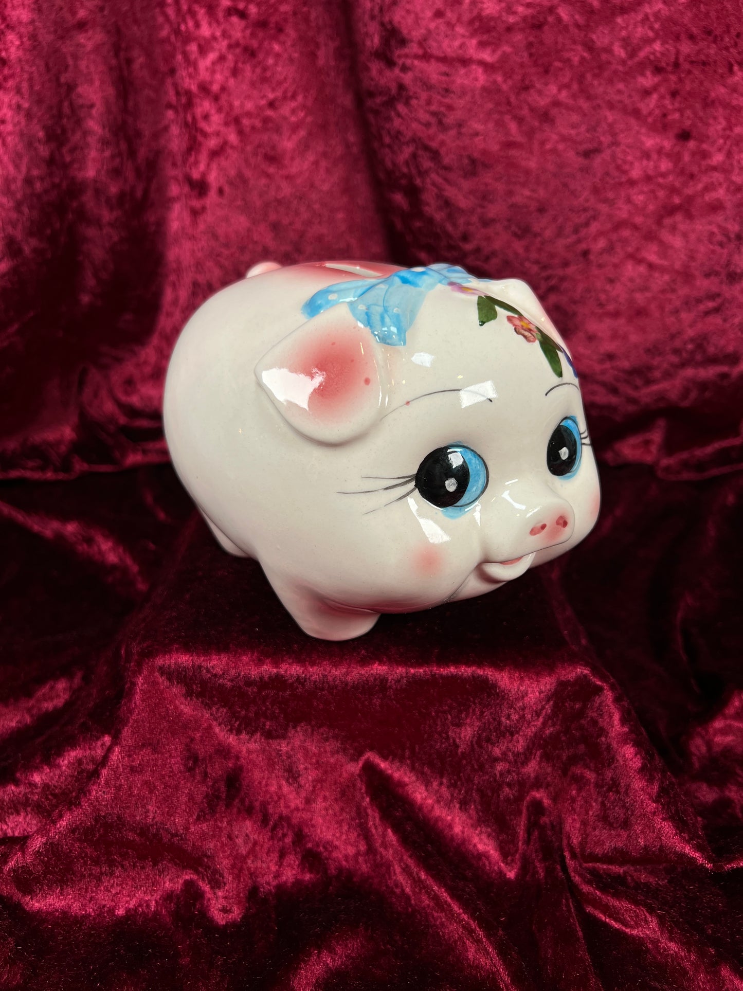 Vintage Ceramic Piggy Bank - Anthropomorphic Blue Eyed Kitsch Pig