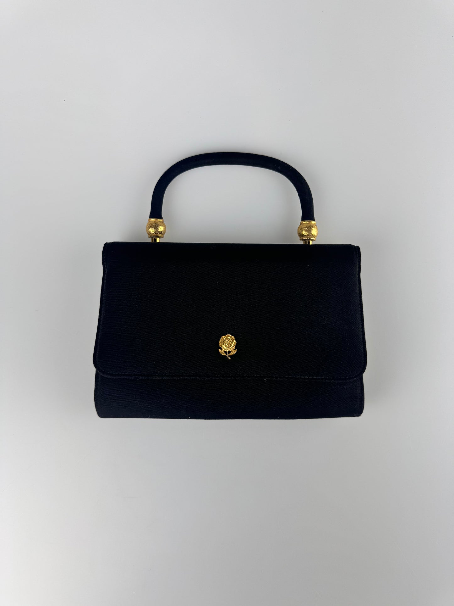 Vintage Purse - 1960s Black Nylon Mini Top Handle Bag with Gold Rose Snap Closure