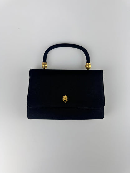 Vintage Purse - 1960s Black Nylon Mini Top Handle Bag with Gold Rose Snap Closure