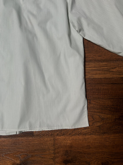 Vintage Koret Francisca Cotton Blend Blouse – Green Pinstripe Floral Embroidery – Medium