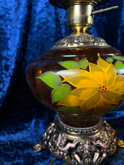 Vintage Amber Glass Parlor Lamp – Hand Painted Yellow Flowers Double Globe Hurricane Style