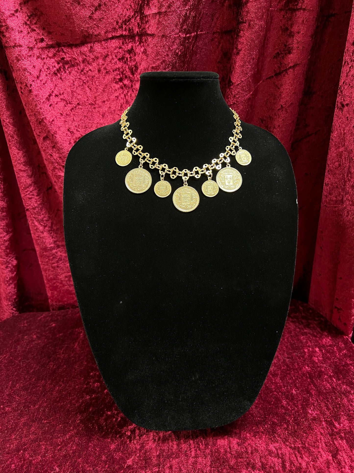 Vintage Jewelry - Reversible Necklace - Gold Tone Republique Francaise Coins - 17.5"