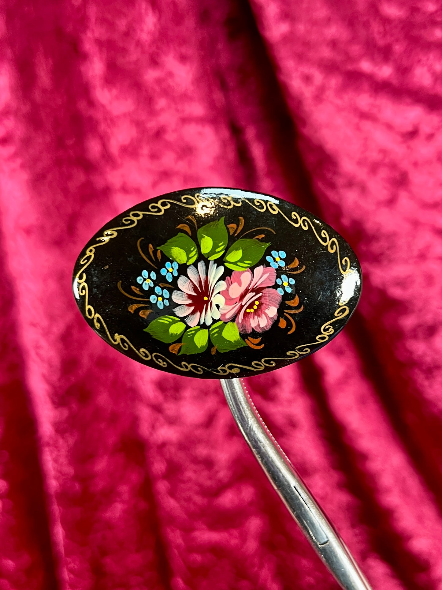 Vintage Jewelry - Brooch - Hand Painted Floral Bouquet on Black - Masters