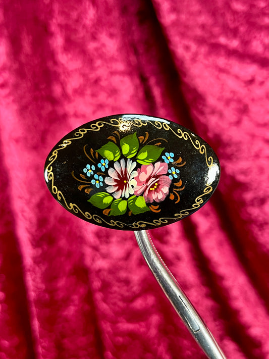 Vintage Jewelry - Brooch - Hand Painted Floral Bouquet on Black - Masters