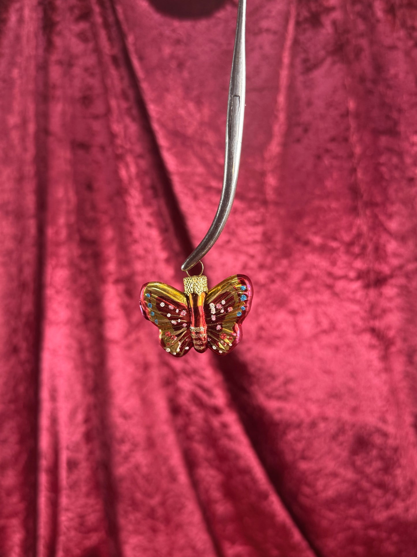 Vintage Christmas - Handblown Glass Ornament - Hot Pink Butterfly - 1.75"