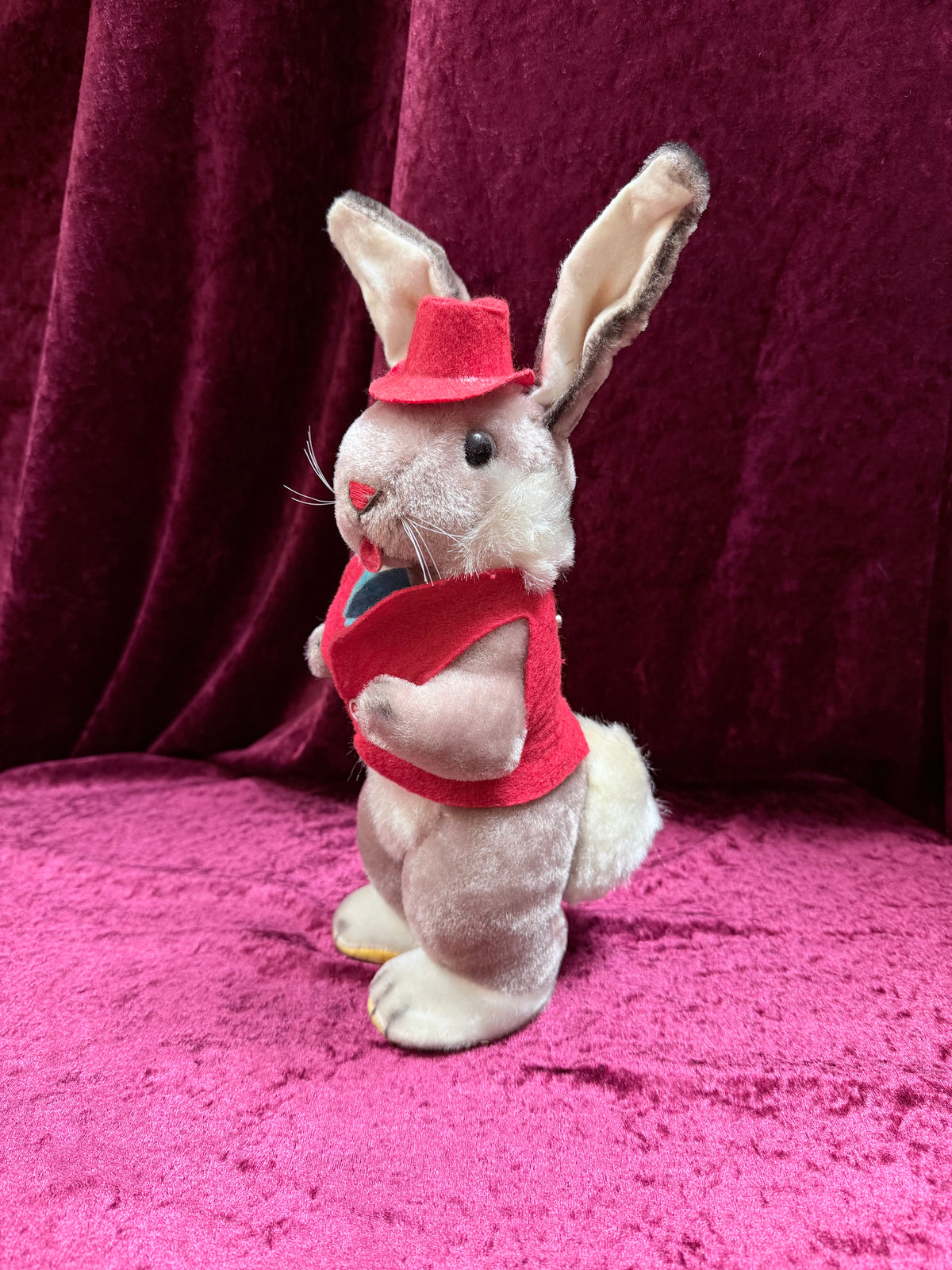 Vintage 1950s Gund Plush Rabbit Music Box – “Rock-a-Bye Baby” + Felt Outfit